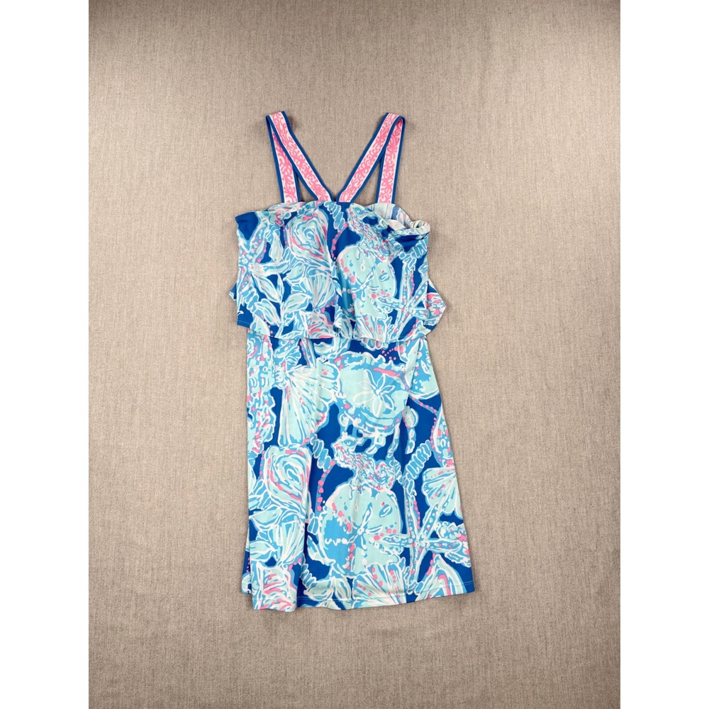 Lilly Pulitzer Blue Pink Shay Dress "Into The Deep" Print Ruffle Dress Small